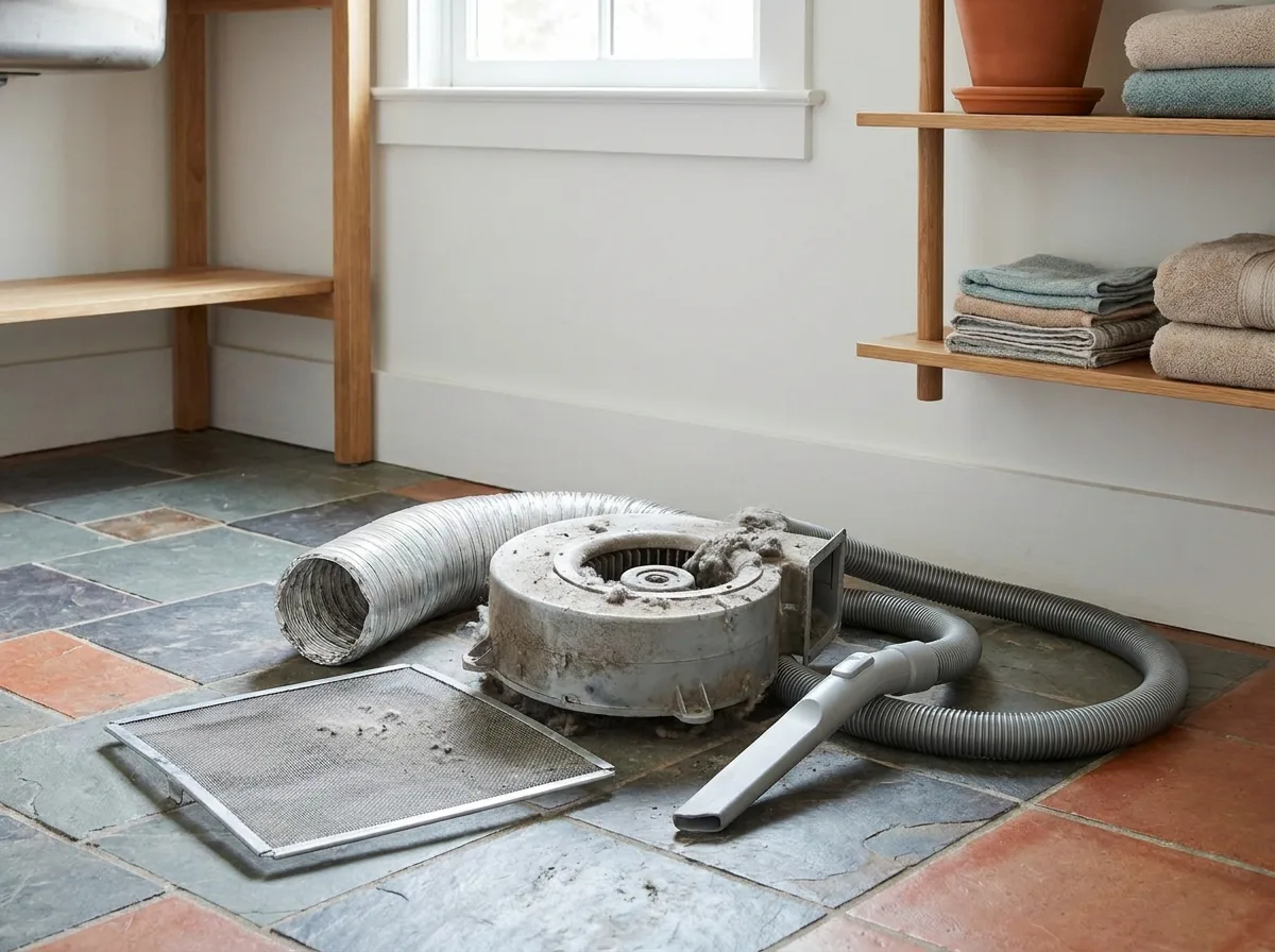 Lint-packed dryer blower housing and vent duct beside a vacuum nozzle and lint screen