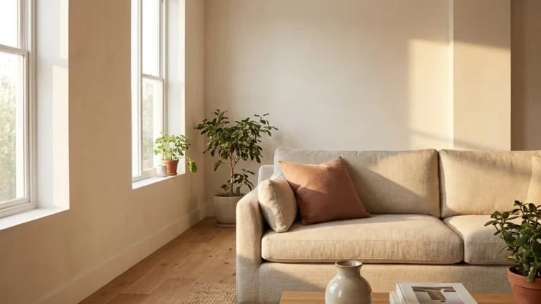 Living room painted in Sherwin Williams Alabaster warm white with soft morning light