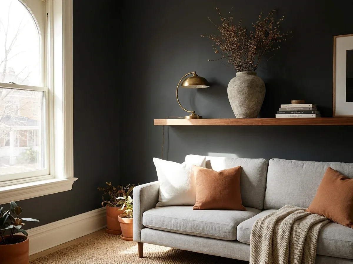 Sherwin Williams Iron Ore: Where It Works and Where It Fails 5 Living room with a charcoal accent wall, wood shelf, brass lamp and light gray sofa