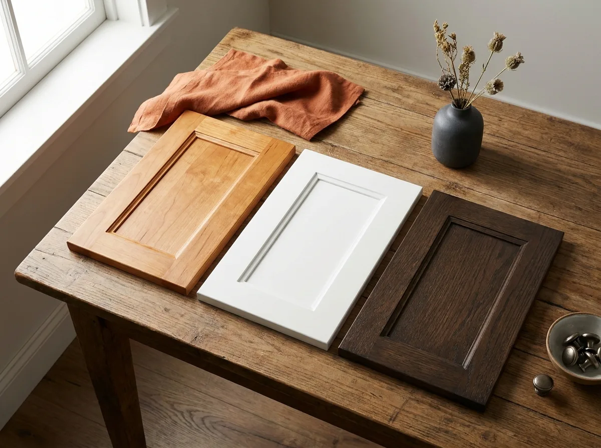 Maple, white painted and dark stained door samples laid on a wooden table