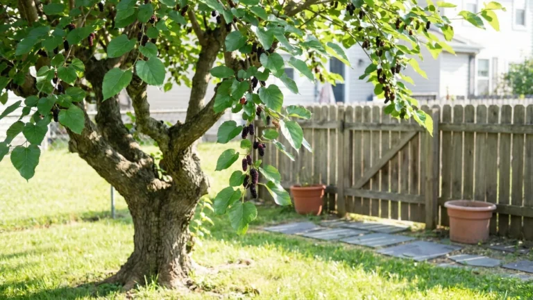 Mulberry Tree: Size, Mess, Local Bans and Whether to Plant One 1 Mature mulberry tree full of ripe purple berries in a sunny backyard