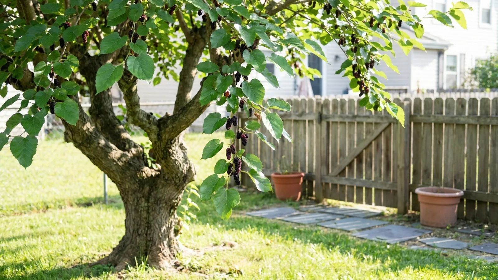 Mature mulberry tree full of ripe purple berries in a sunny backyard
