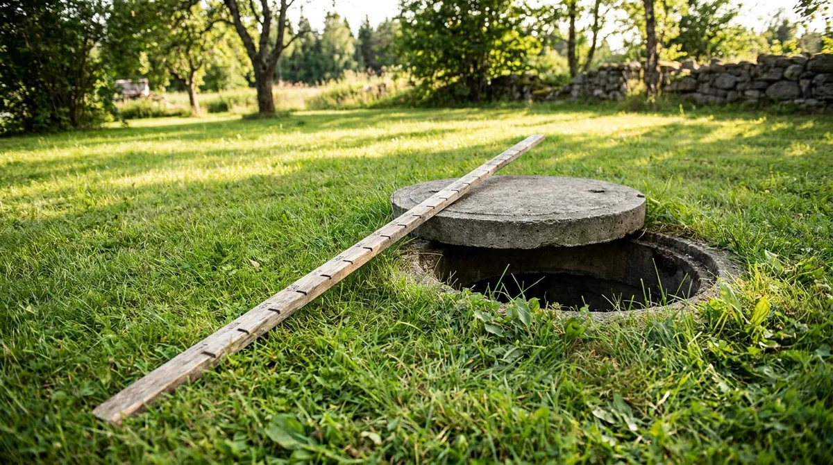 Measuring pole resting beside an open septic tank lid to check sludge depth
