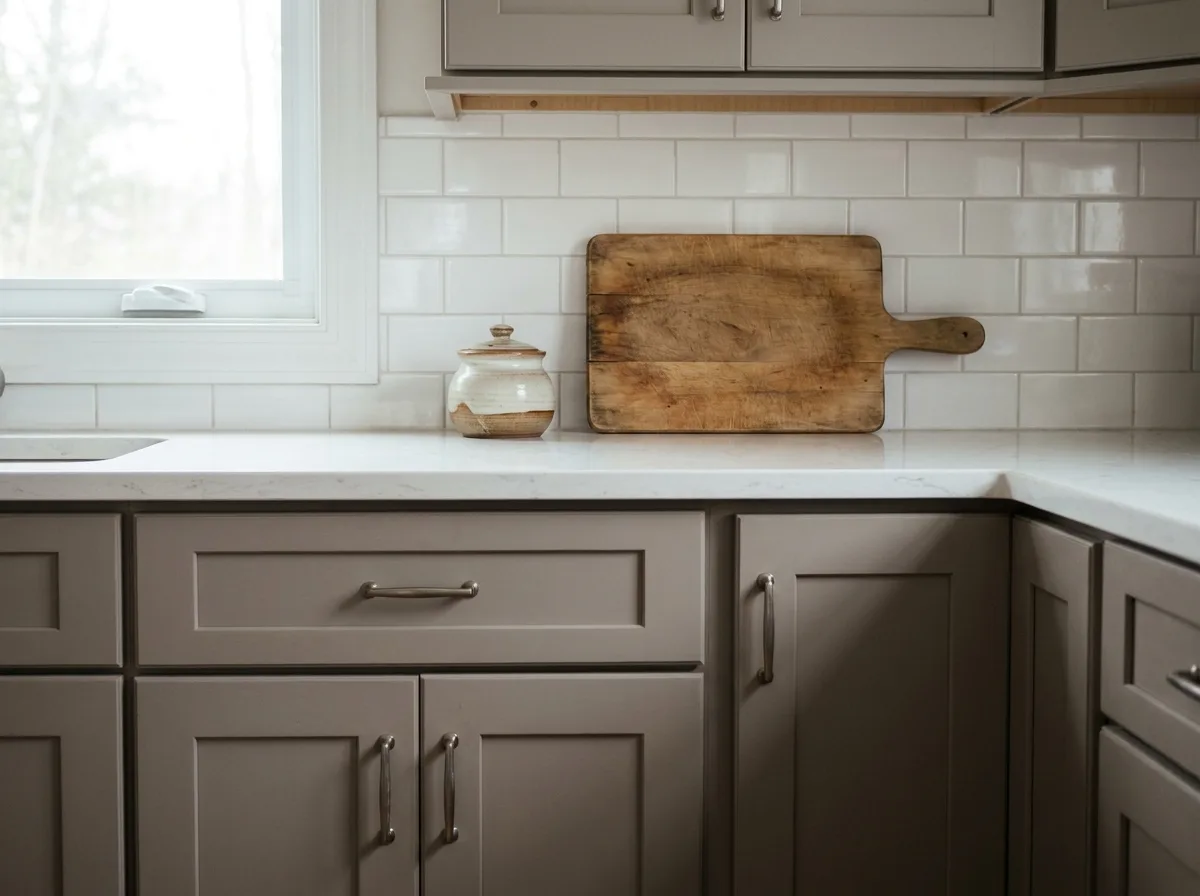 Medium gray kitchen cabinets with a white quartz countertop and white subway tile backsplash