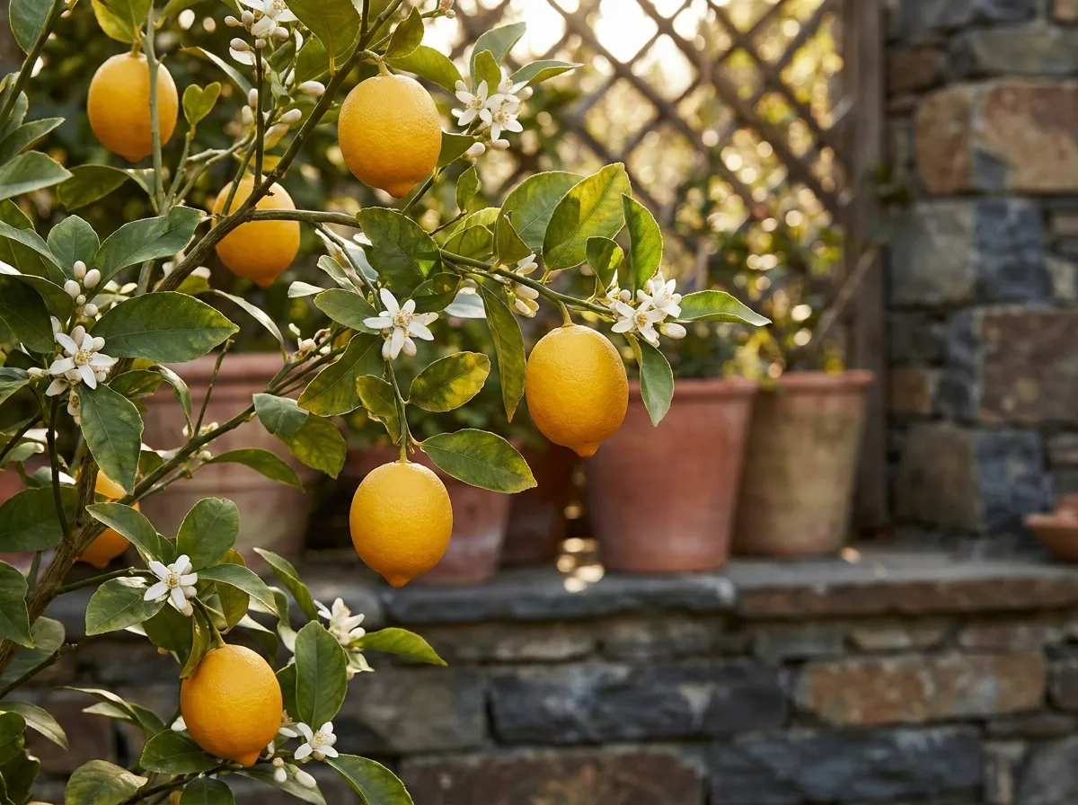 Meyer lemons ripening on a branch, a good lemon tree variety for pots