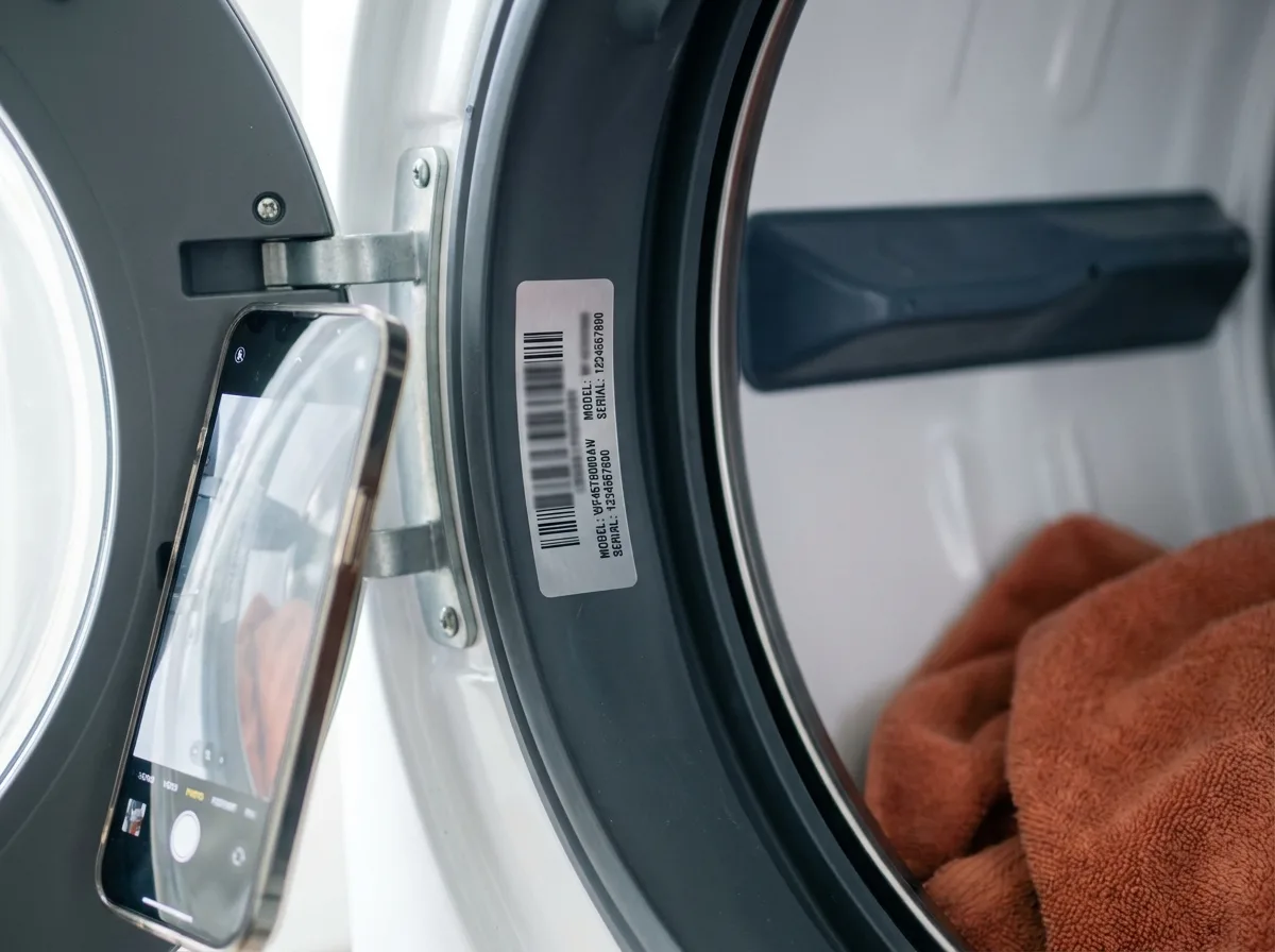 Model number plate inside a washer door opening, checked before ordering parts
