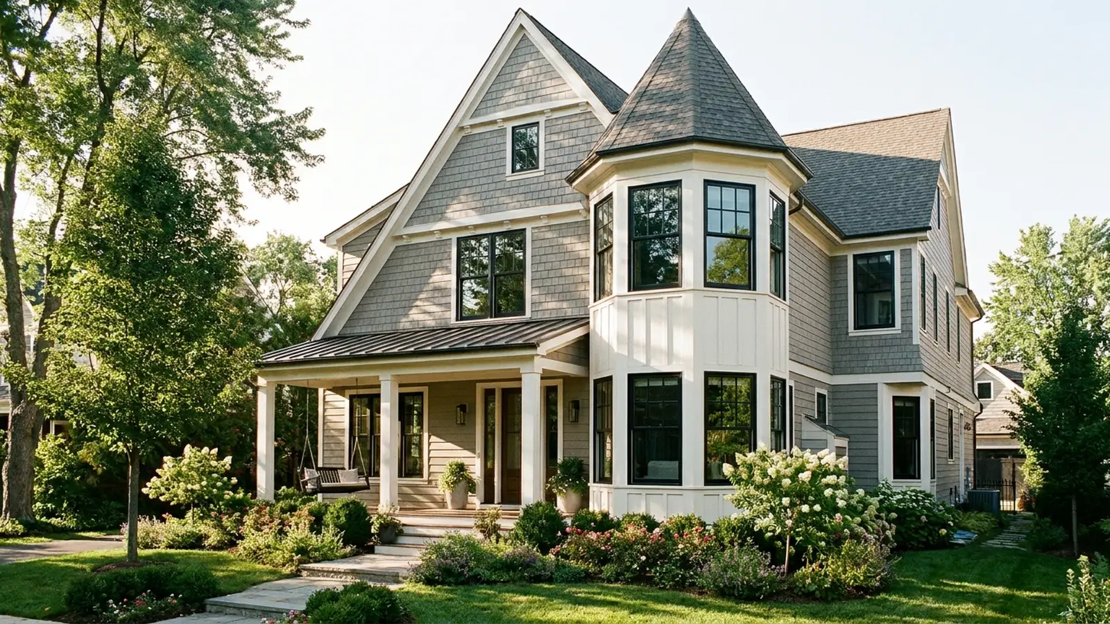Modern Victorian house with turret, deep front porch and black-framed windows