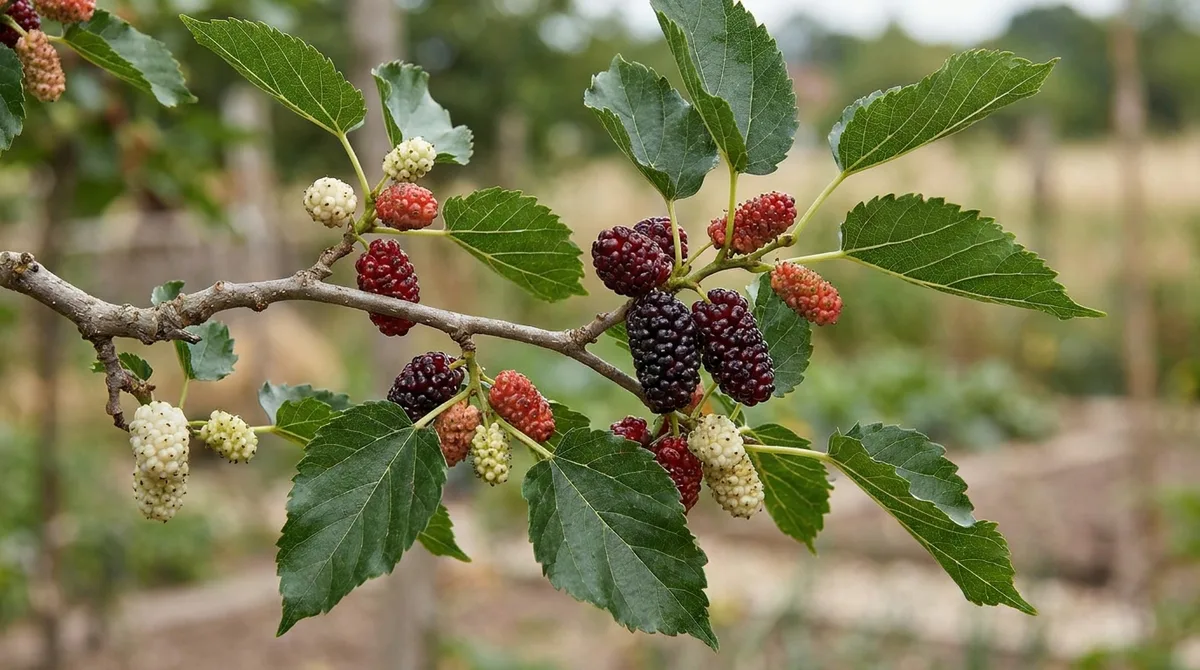 Mulberries ripening from white to red to deep purple on a leafy branch