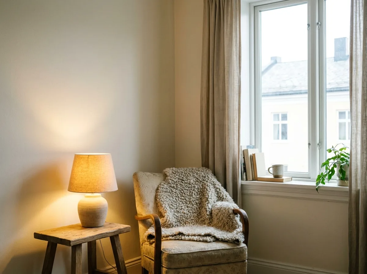 North-facing room with soft daylight and a warm lamp on a creamy white wall