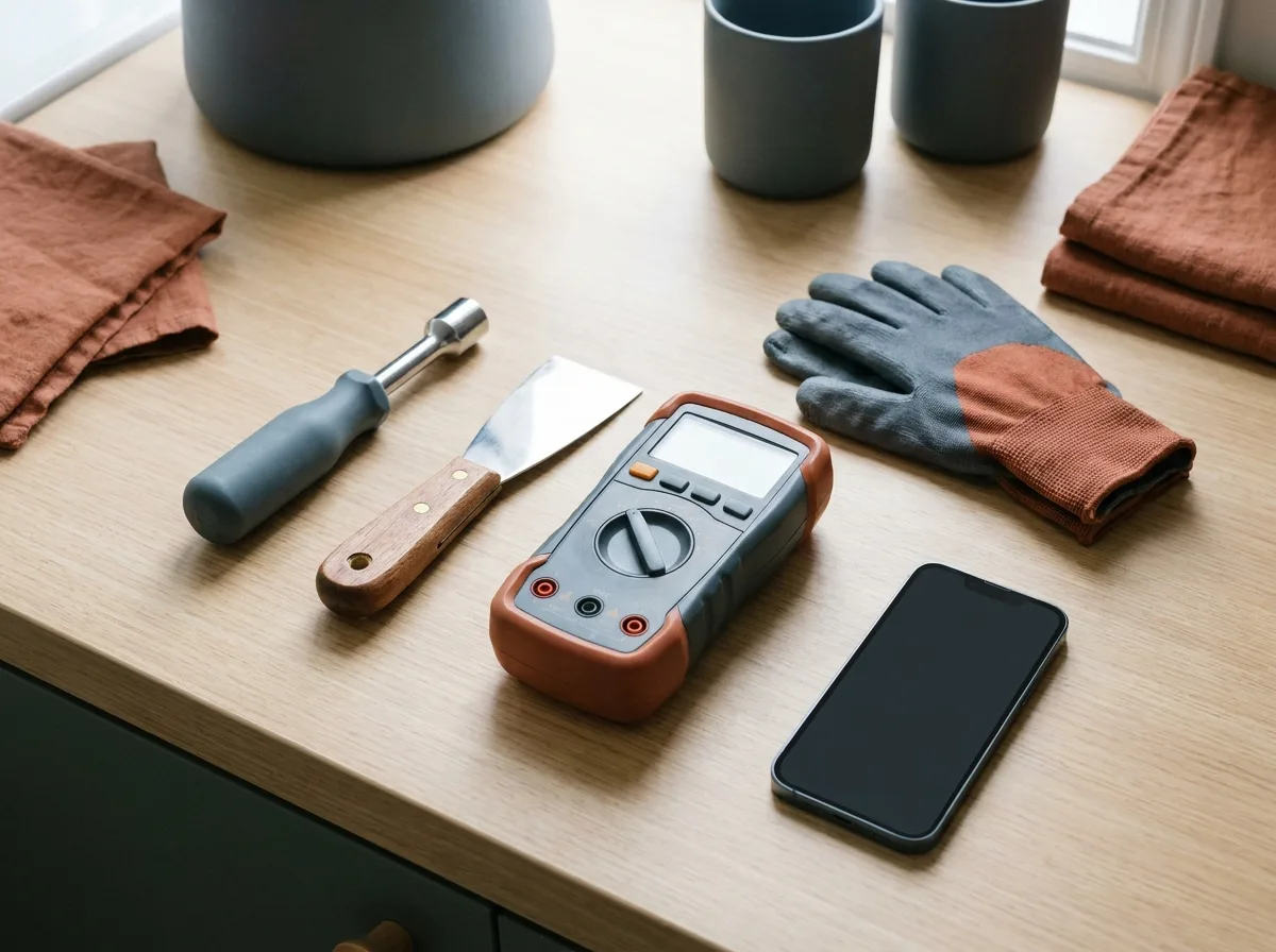 Nut driver, putty knife, multimeter and gloves laid out for a dryer not spinning repair