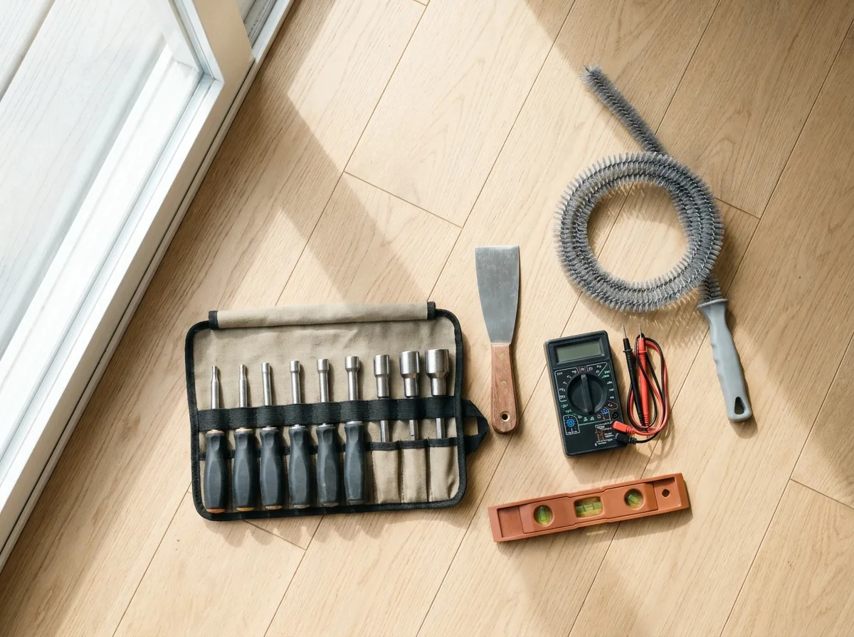 Nut driver set, multimeter and vent brush laid out for DIY appliance repair