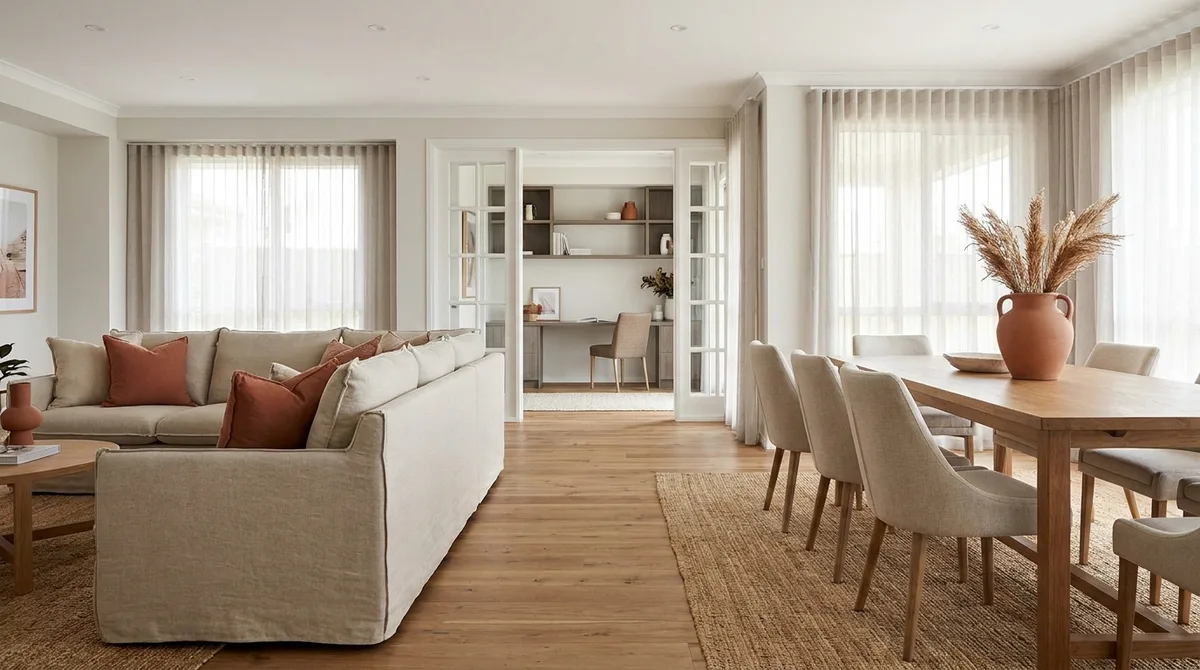 Open-plan living and dining room with a glass-door office nook in a modern suburban house