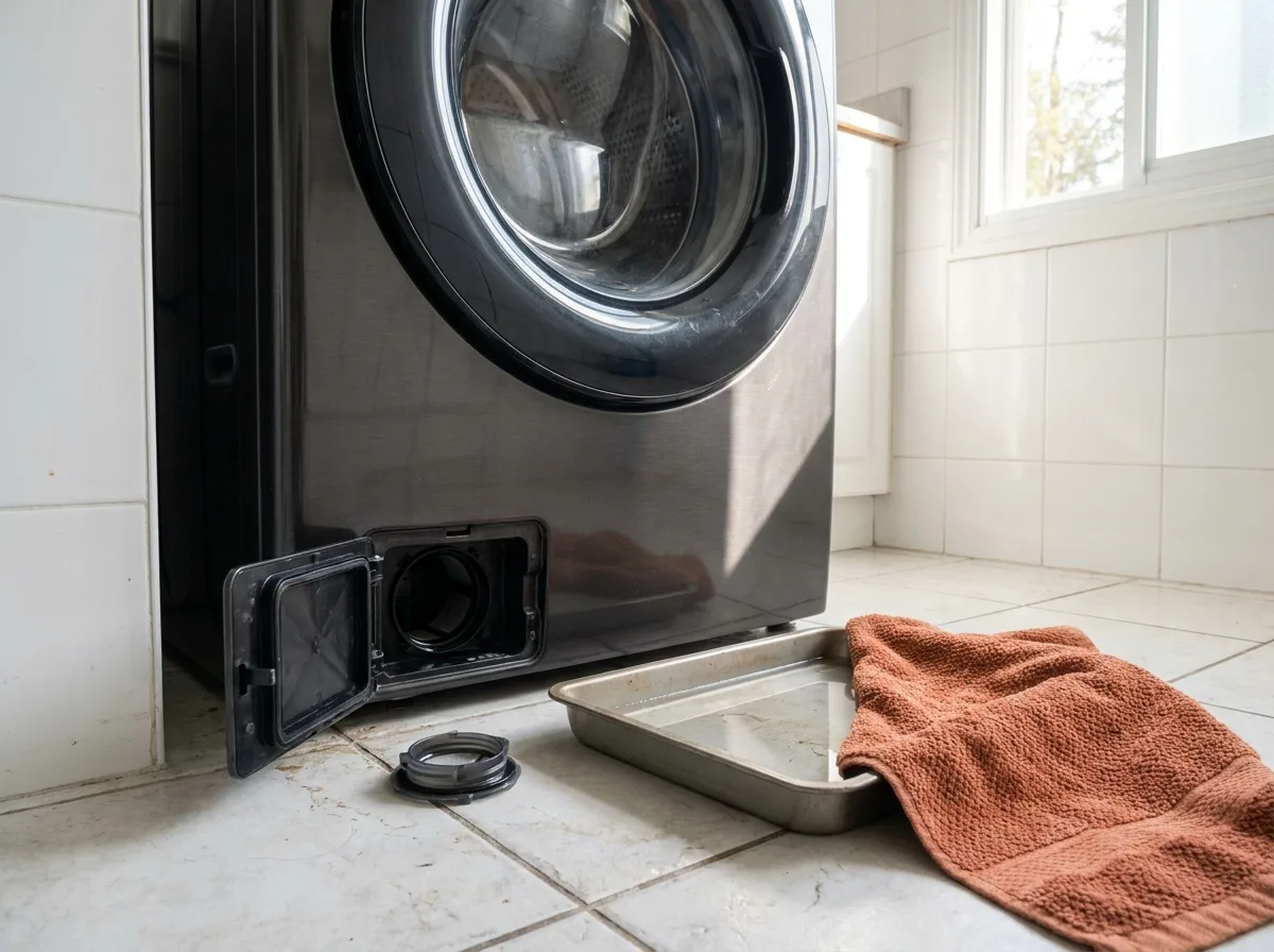 Open pump filter access door on a front-load washer with a tray beneath