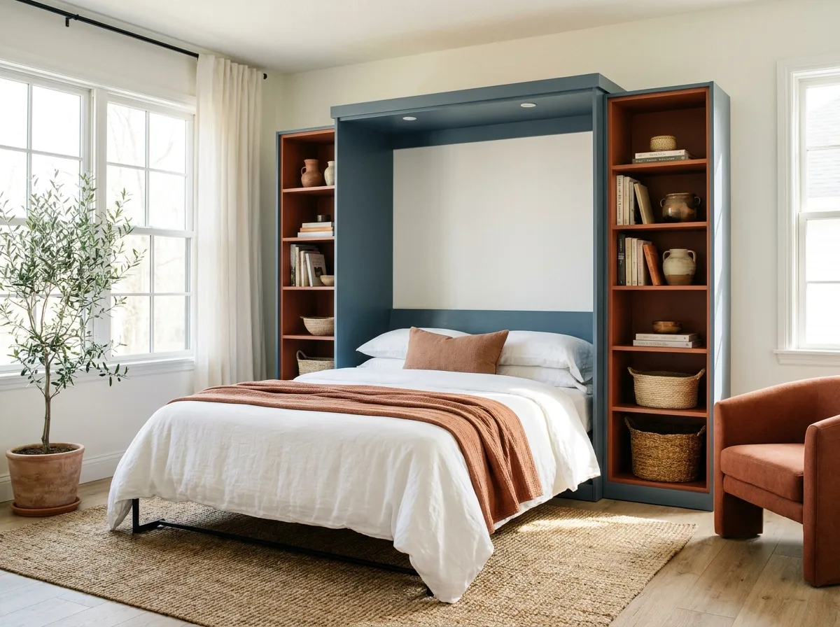 Open queen murphy bed cabinet with side storage shelves made up for a guest
