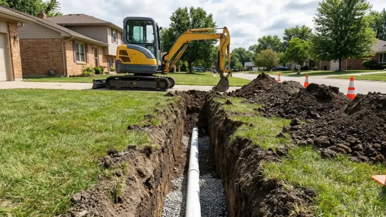 Replace Sewer Line: How to Judge the Quote and the Method 1 Open yard trench with new PVC pipe ready to replace sewer line at a suburban home