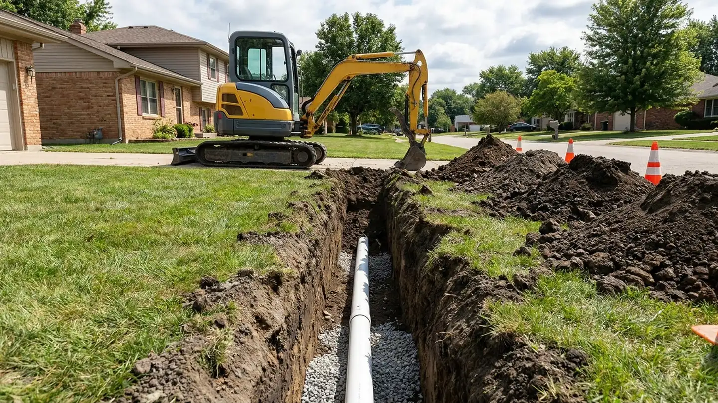 Open yard trench with new PVC pipe ready to replace sewer line at a suburban home
