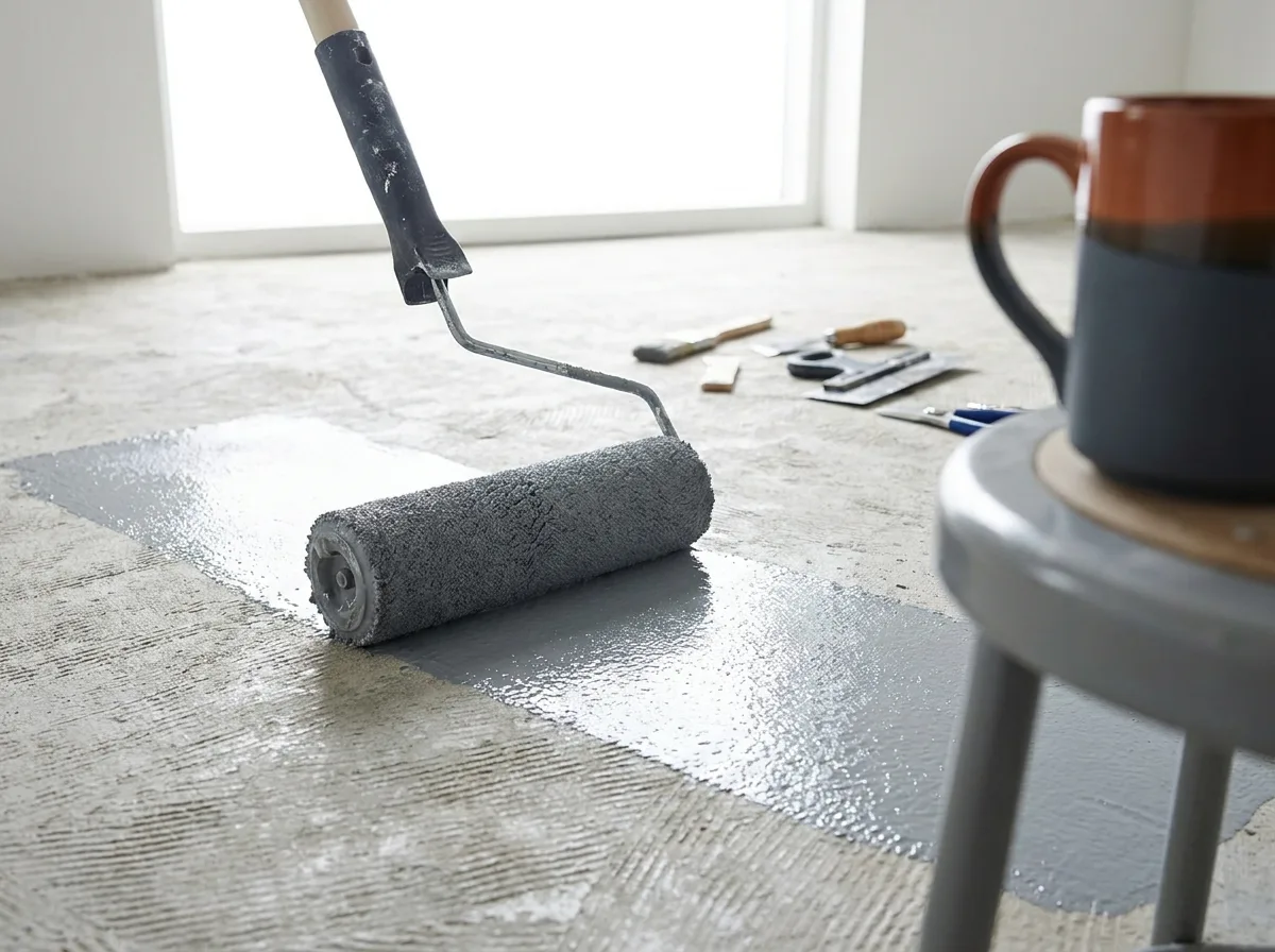 Paint roller applying a thin coat of gray concrete paint to a prepared floor