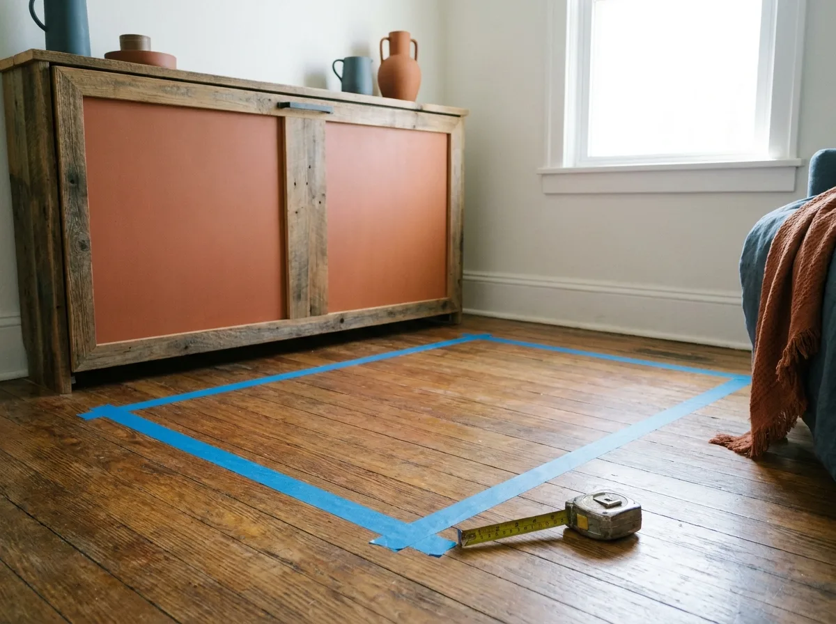 Painter's tape outline on a bedroom floor marking the open footprint of a murphy bed cabinet
