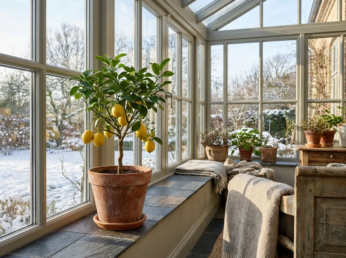 Potted lemon tree by a bright sunroom window for cool frost-free winter shelter