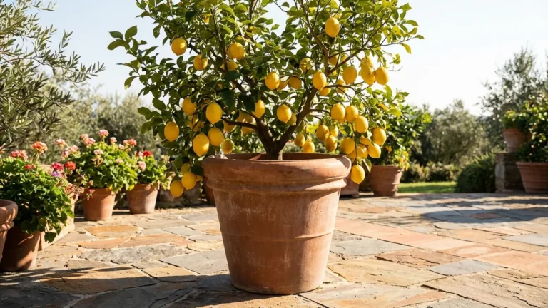 Lemon Tree Ideas and Styles That Actually Survive Winter 3 Potted lemon tree heavy with ripe fruit on a sunny stone patio