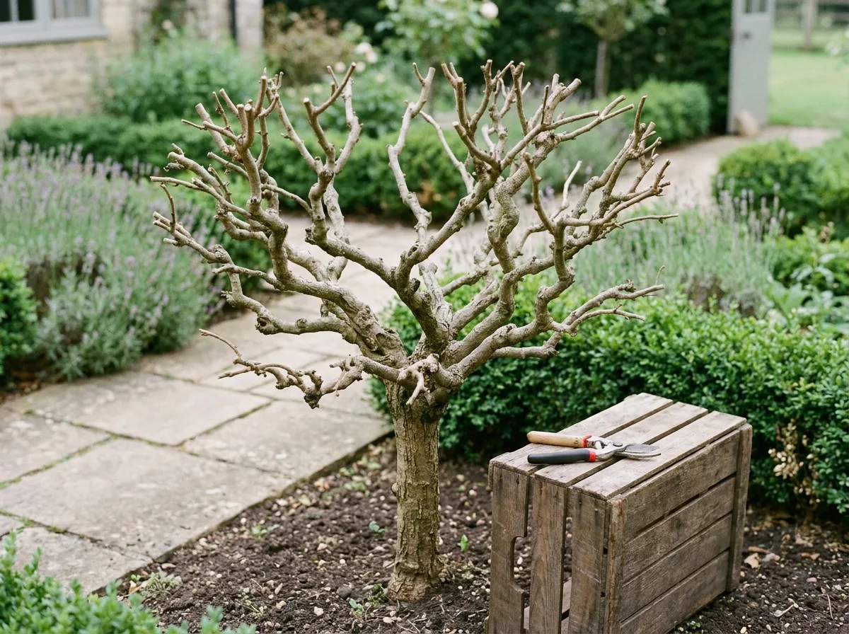 Pruned mulberry tree kept low in a tidy garden for easy fruit picking