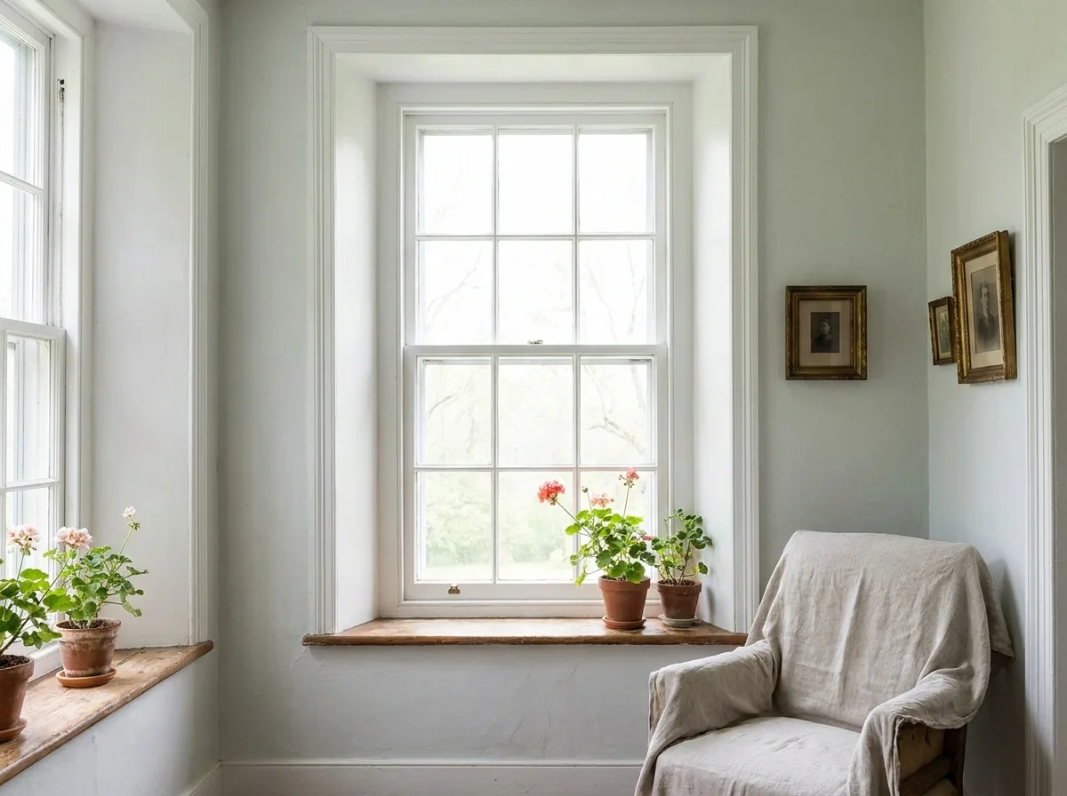 Restored old wood double hung window with fresh white paint in a bright room