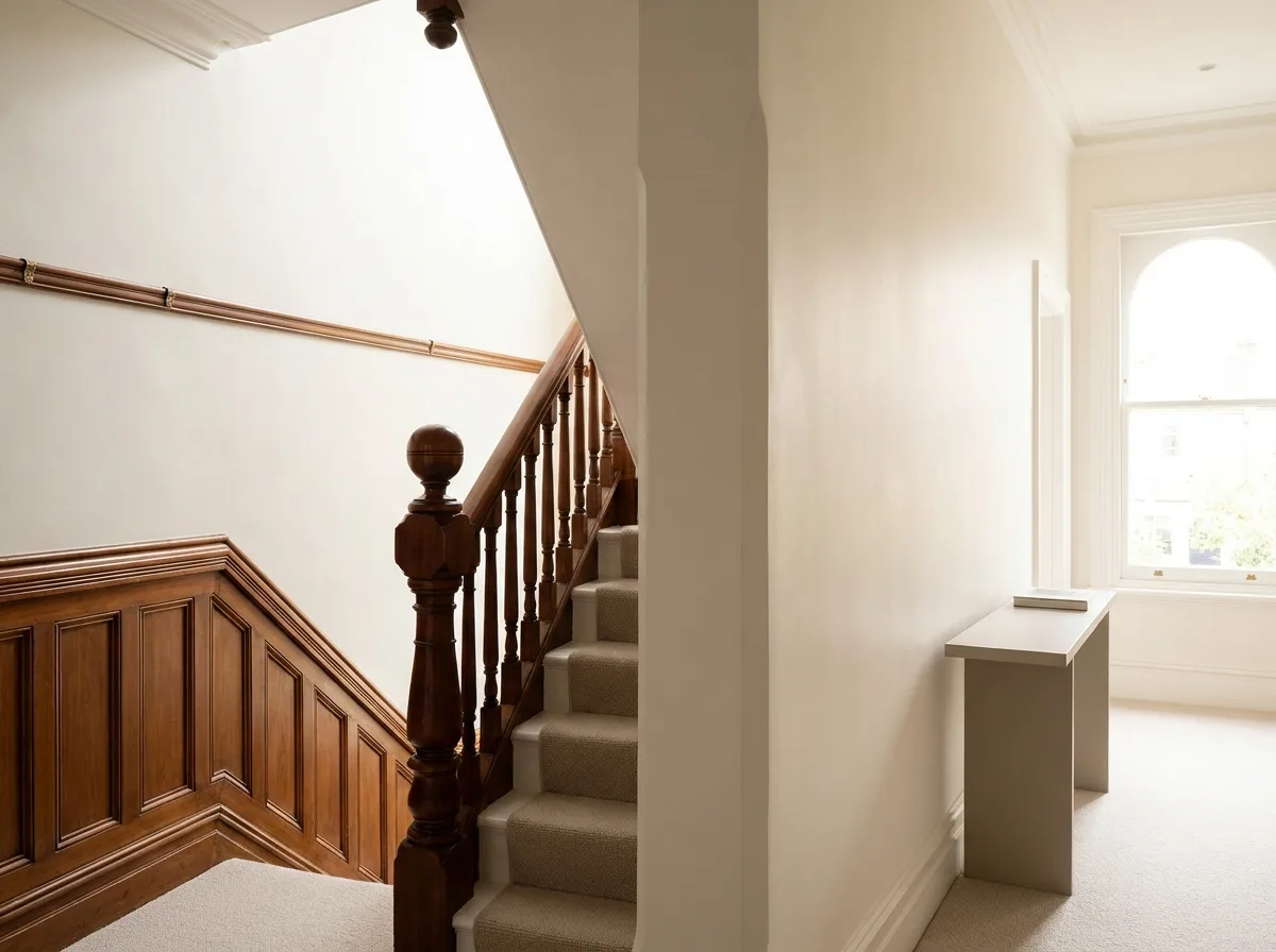Restored Victorian staircase with original wood newel post and wainscoting