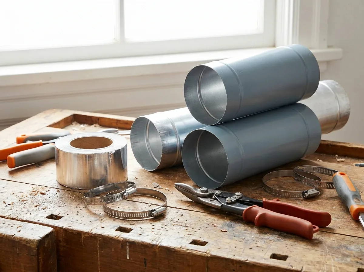 Rigid four-inch metal dryer duct sections with foil tape and clamps on a workbench