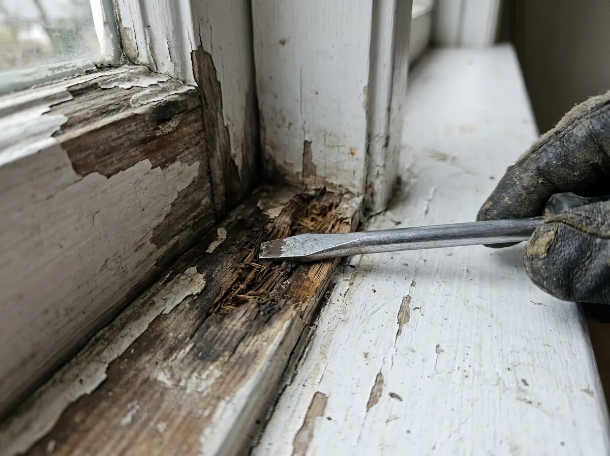 Screwdriver probing a rotted window sill corner with peeling paint
