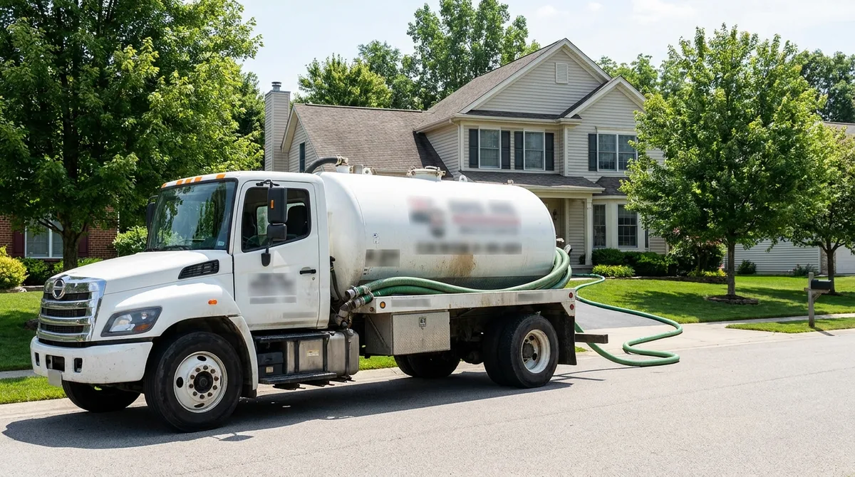 Septic pump truck parked at the curb of a suburban home on a sunny day