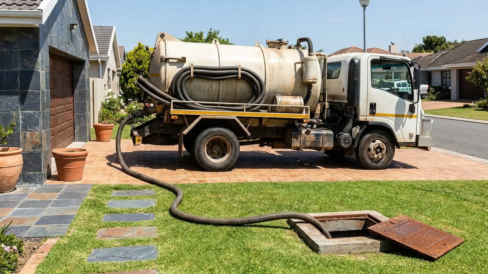 Septic tank pump out truck hose running across a lawn to an open tank lid