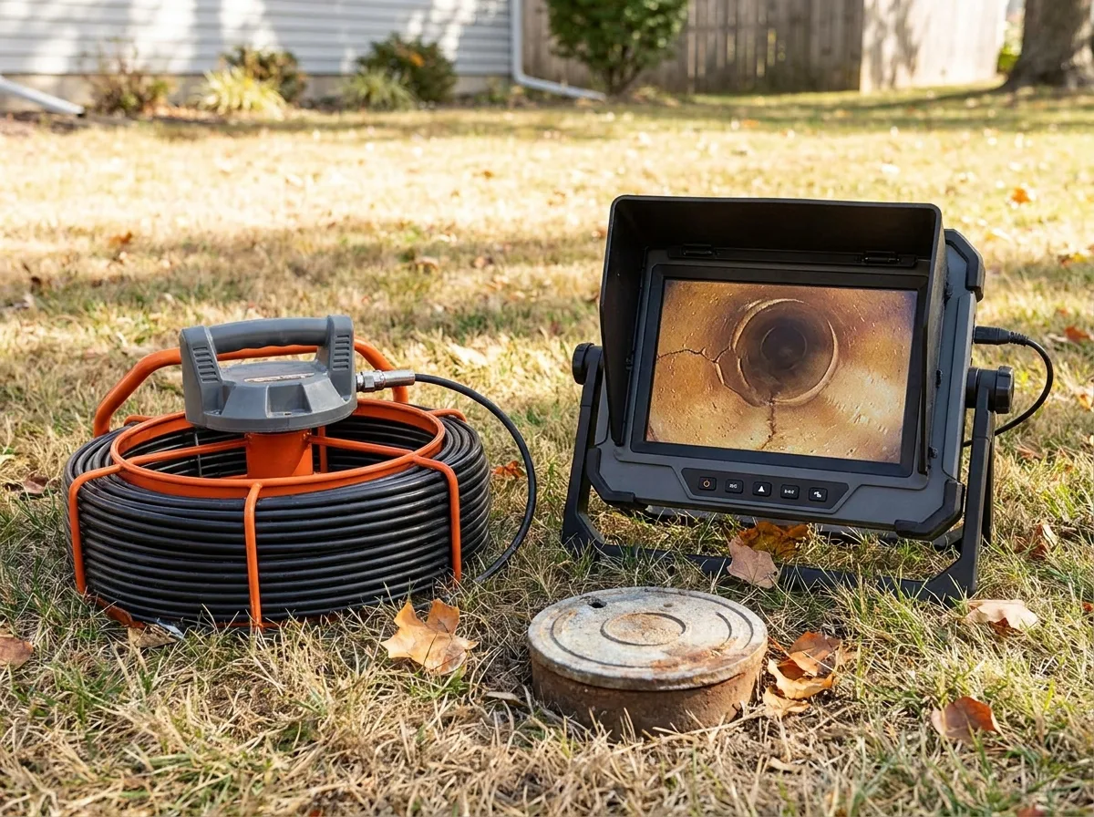 Sewer inspection camera and monitor beside a yard cleanout before a line decision