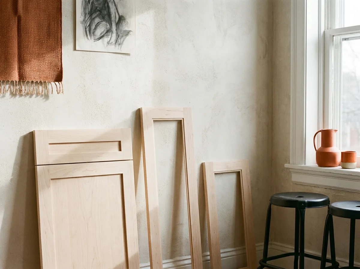 Shaker cabinet doors in standard, slim and mini frame widths leaning against a wall
