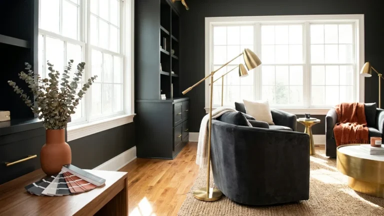 Sherwin Williams Iron Ore charcoal walls and built-in cabinets in a sunlit living room