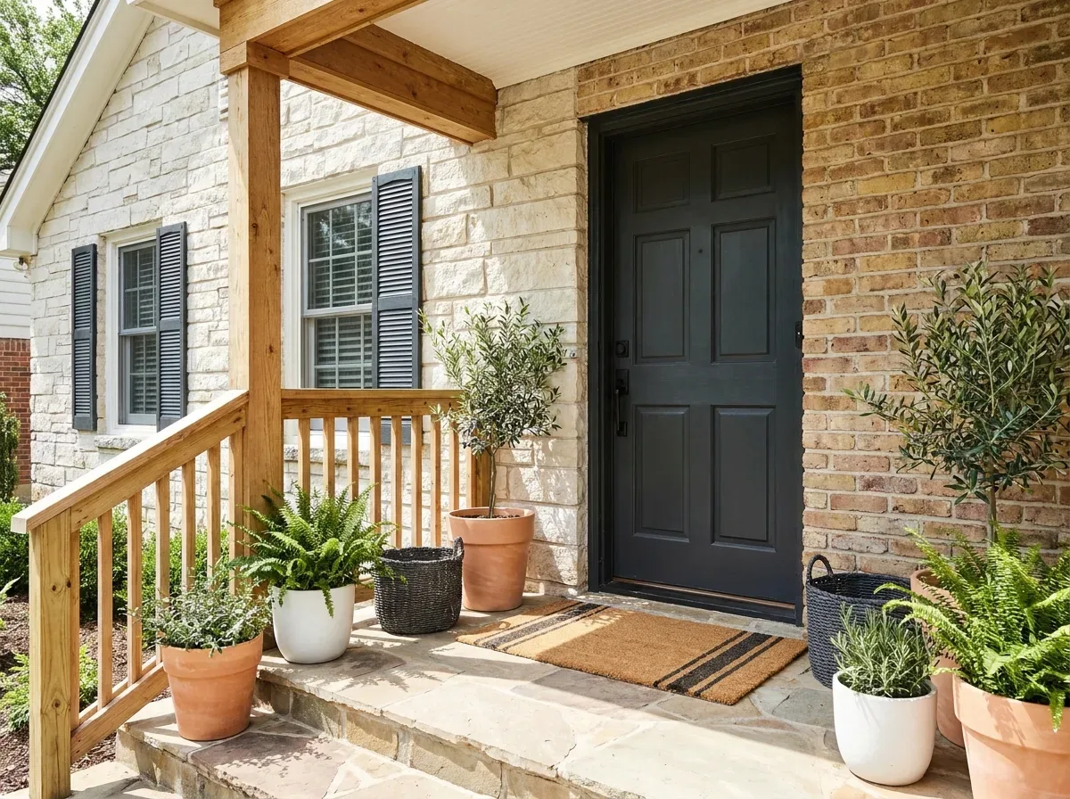 Sherwin Williams Iron Ore: Where It Works and Where It Fails 3 Sherwin Williams Iron Ore on a front door with shutters, stone and brick siding
