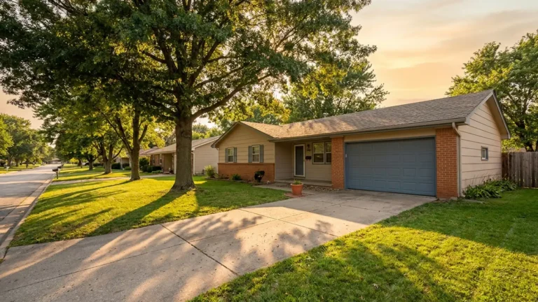 Single-story suburban house with a front-facing garage on a tree-lined street at sunset