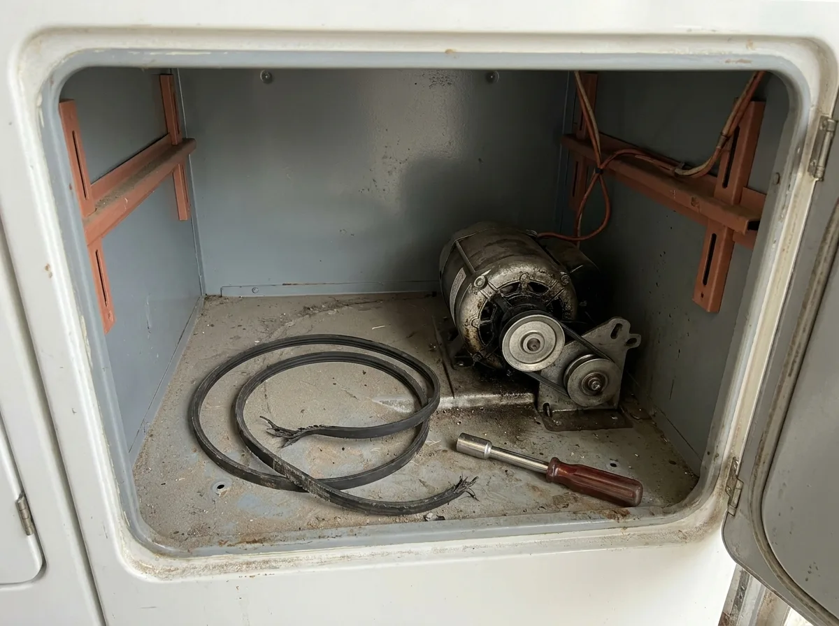 Slack drive belt on the floor of an open dryer cabinet beside the motor