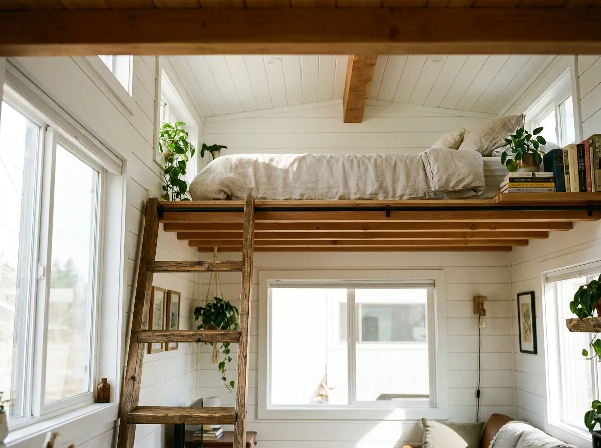 Sleeping loft reached by a wooden ladder inside a tiny house