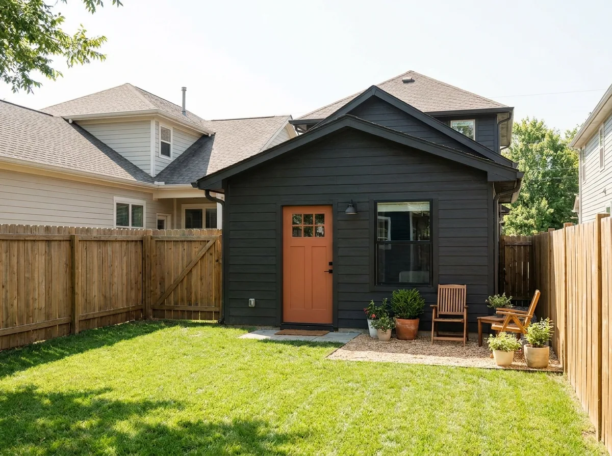 Small backyard cottage with an orange door on a fenced residential lot
