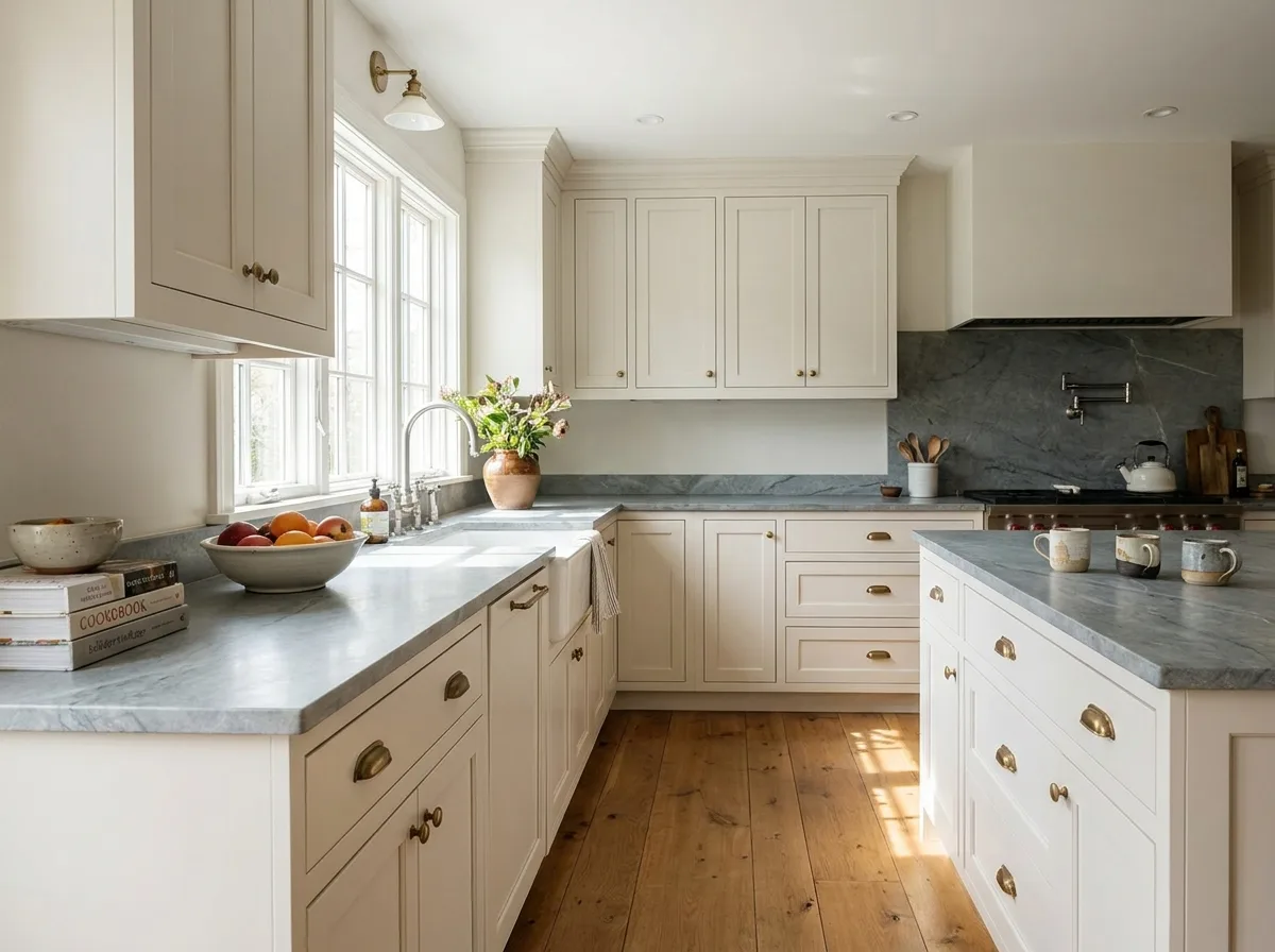 Soft warm white kitchen cabinets with brass pulls, gray stone counters and oak floors