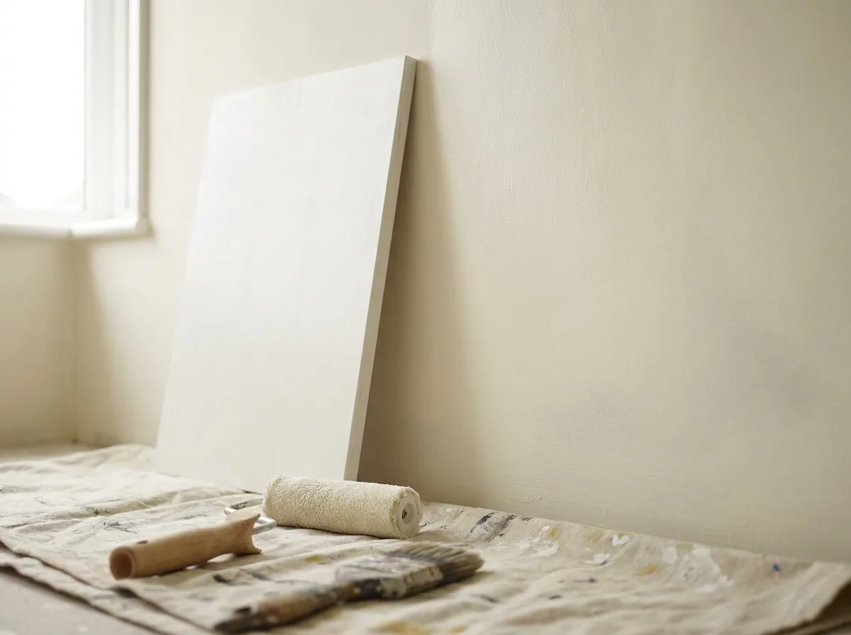 Soft warm white painted wall with a large paint sample board and roller on a drop cloth