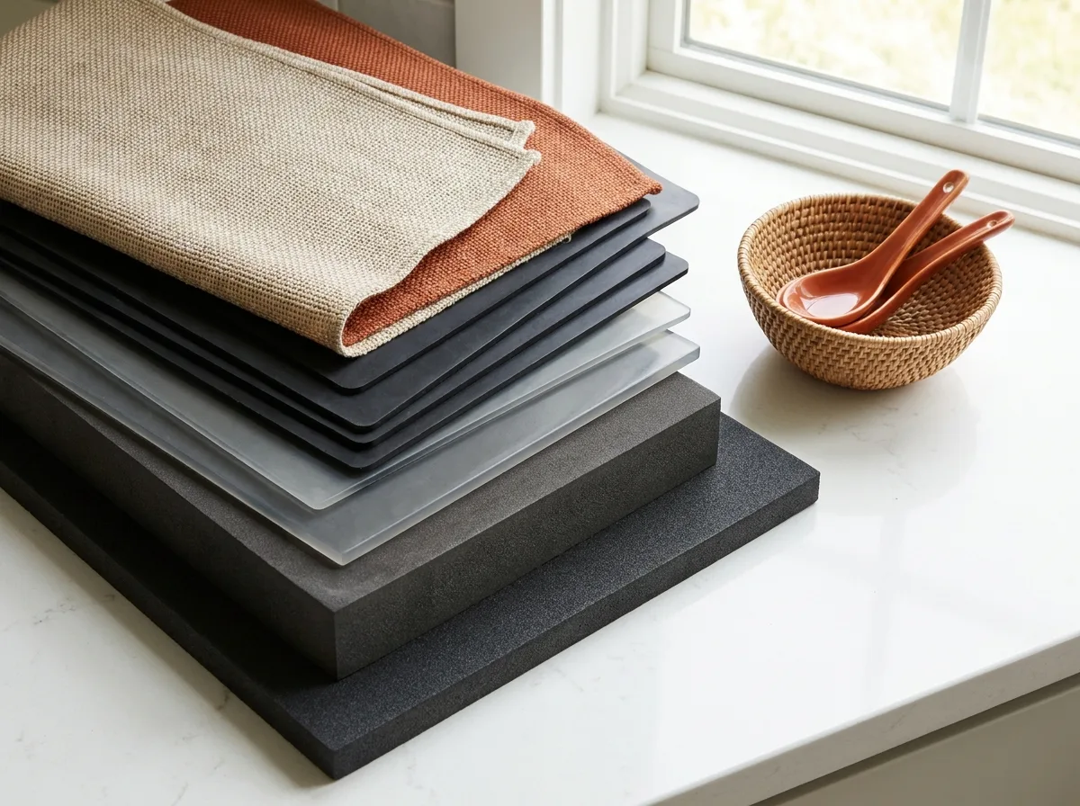 Stacked foam, rubber and woven kitchen mat samples showing different materials and thickness