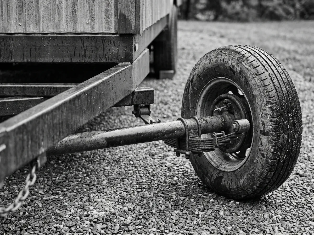 Steel trailer axle and wheel under a tiny house on wheels parked on gravel