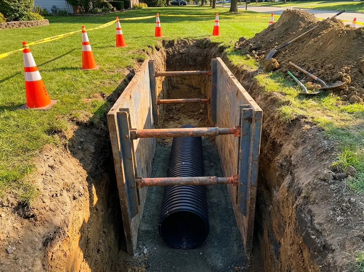 Steel trench box shielding a deep sewer line trench in a residential yard