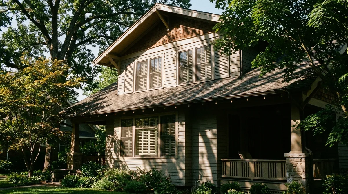 Suburban house shaded by mature trees with louvered shutters and a deep roof overhang