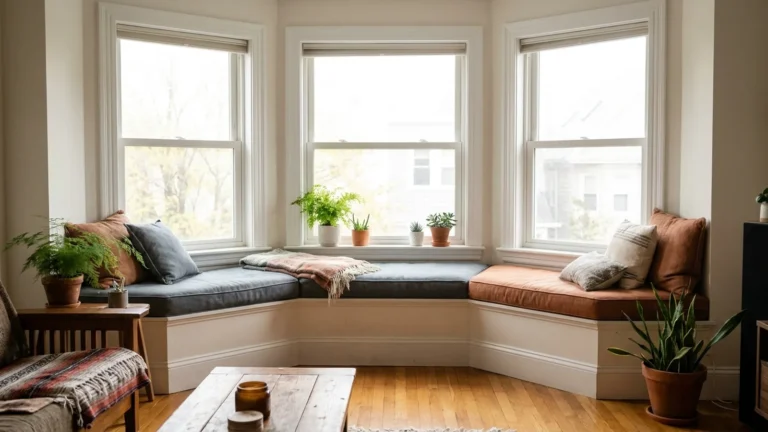 Sunlit bay window seat with a cushion, potted plants and a wood floor in a bright room