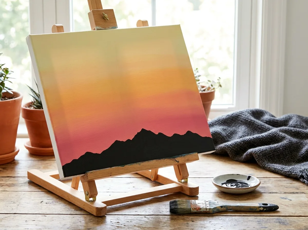 Sunset gradient with a black ridge silhouette painted on a stretched canvas