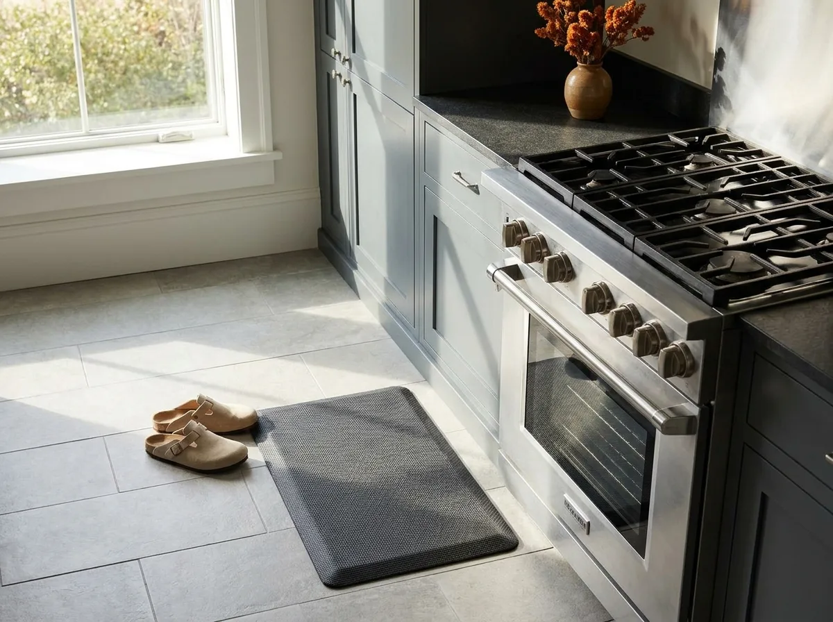 Supportive kitchen shoes resting beside a firm mat on a tile floor near the range