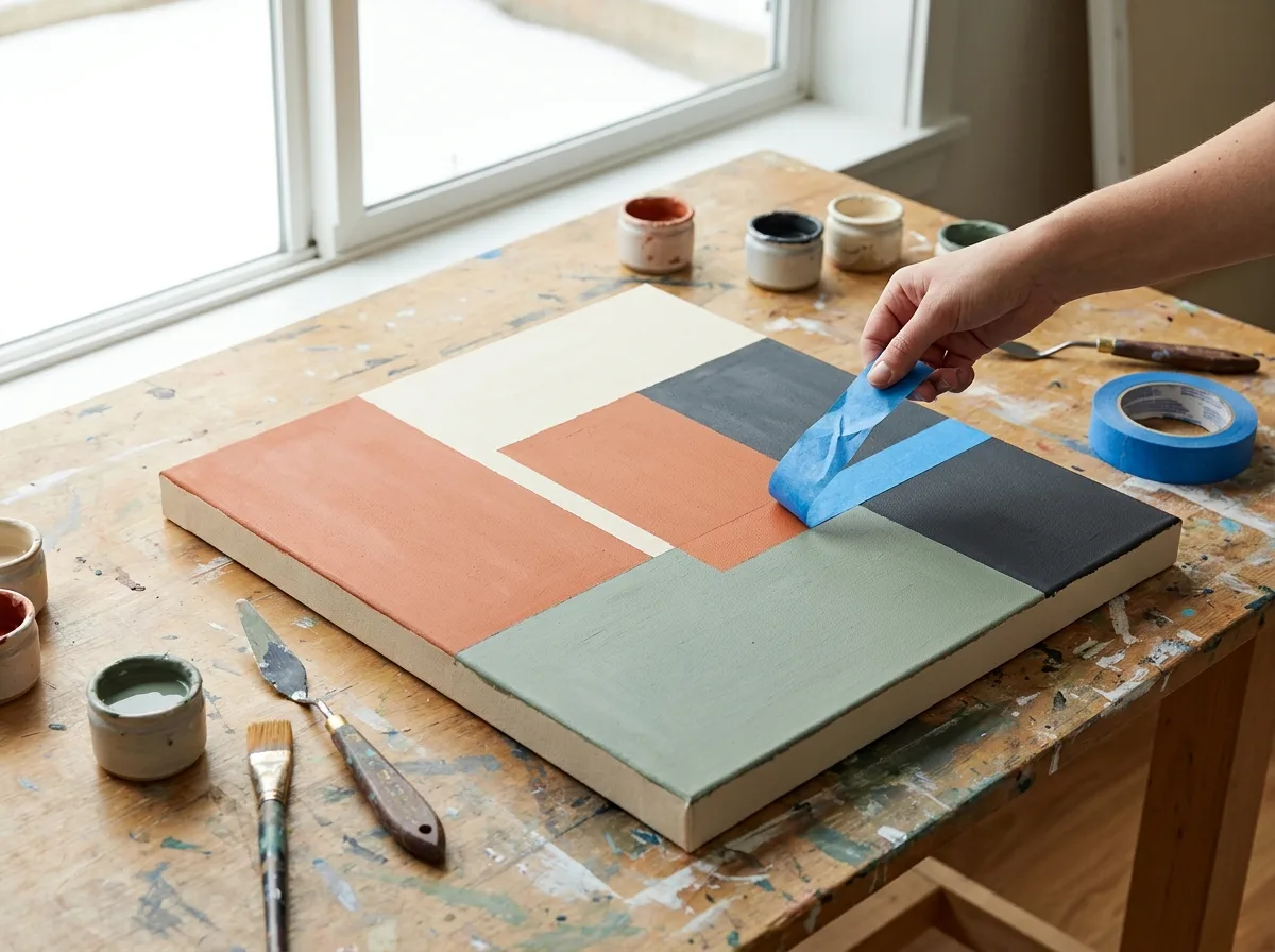 Taped color-block grid canvas with painter's tape being peeled back