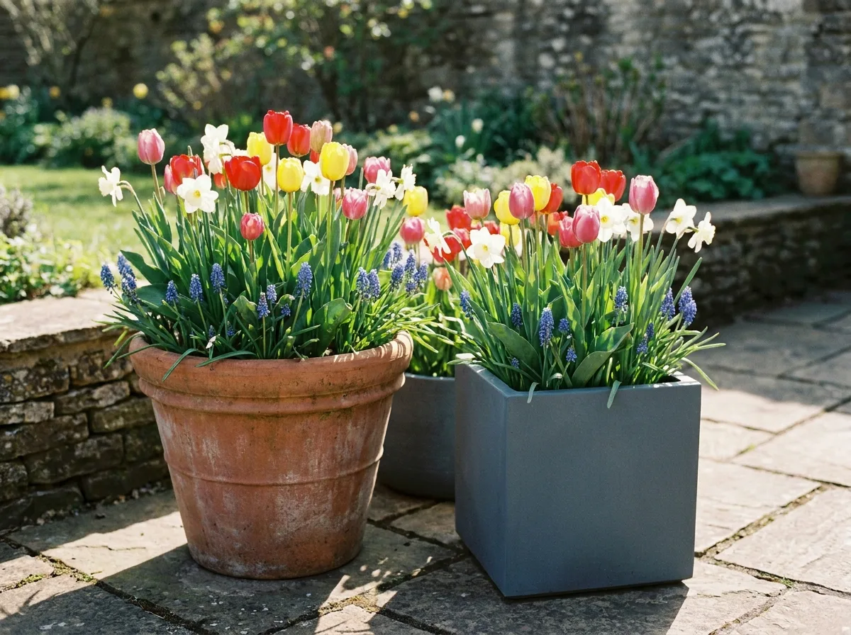 Terracotta and slate gray planters of tulips and grape hyacinth on a sunny stone patio